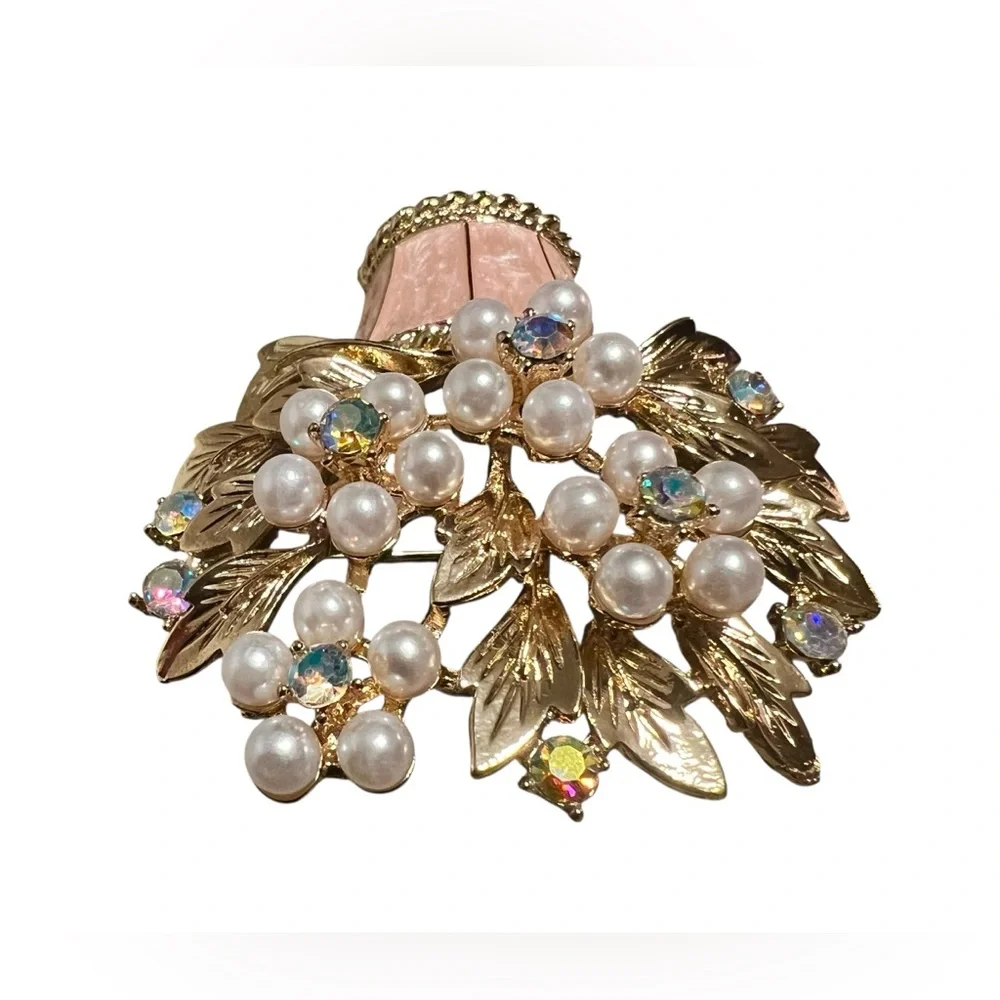 Vintage Style Pink Basket Brooch with Faux Pearl Flowers & AB Crystals